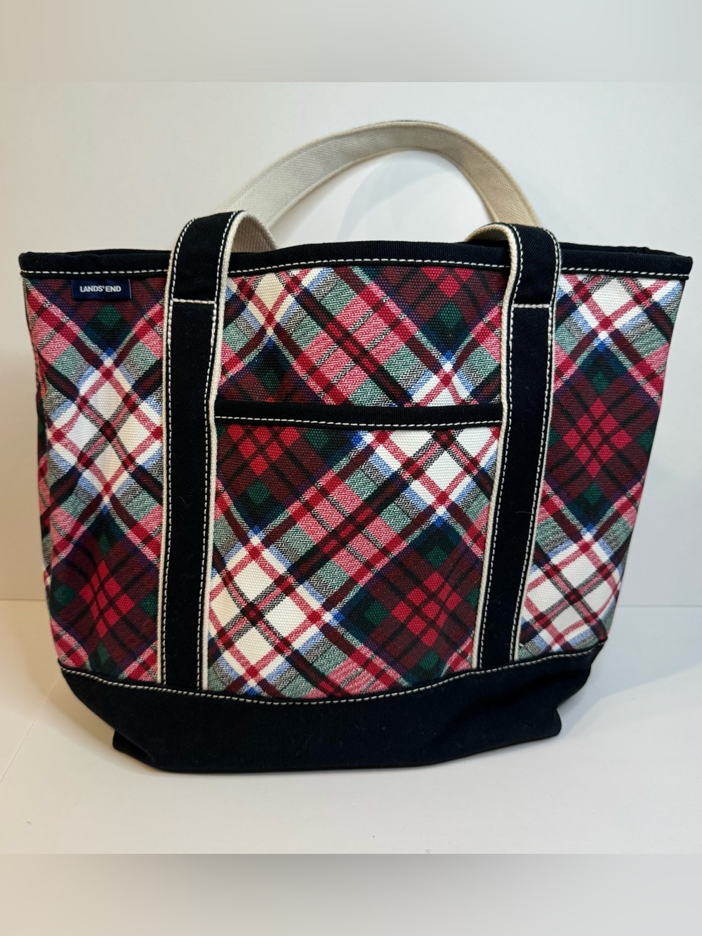 Lands' End Plaid Canvas Tote Bag Red black Tartan pockets medium